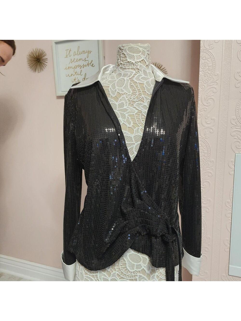 Flawless Chetta B Top Blouse 10 Sequin Wrap Black White Satin Collar Evening